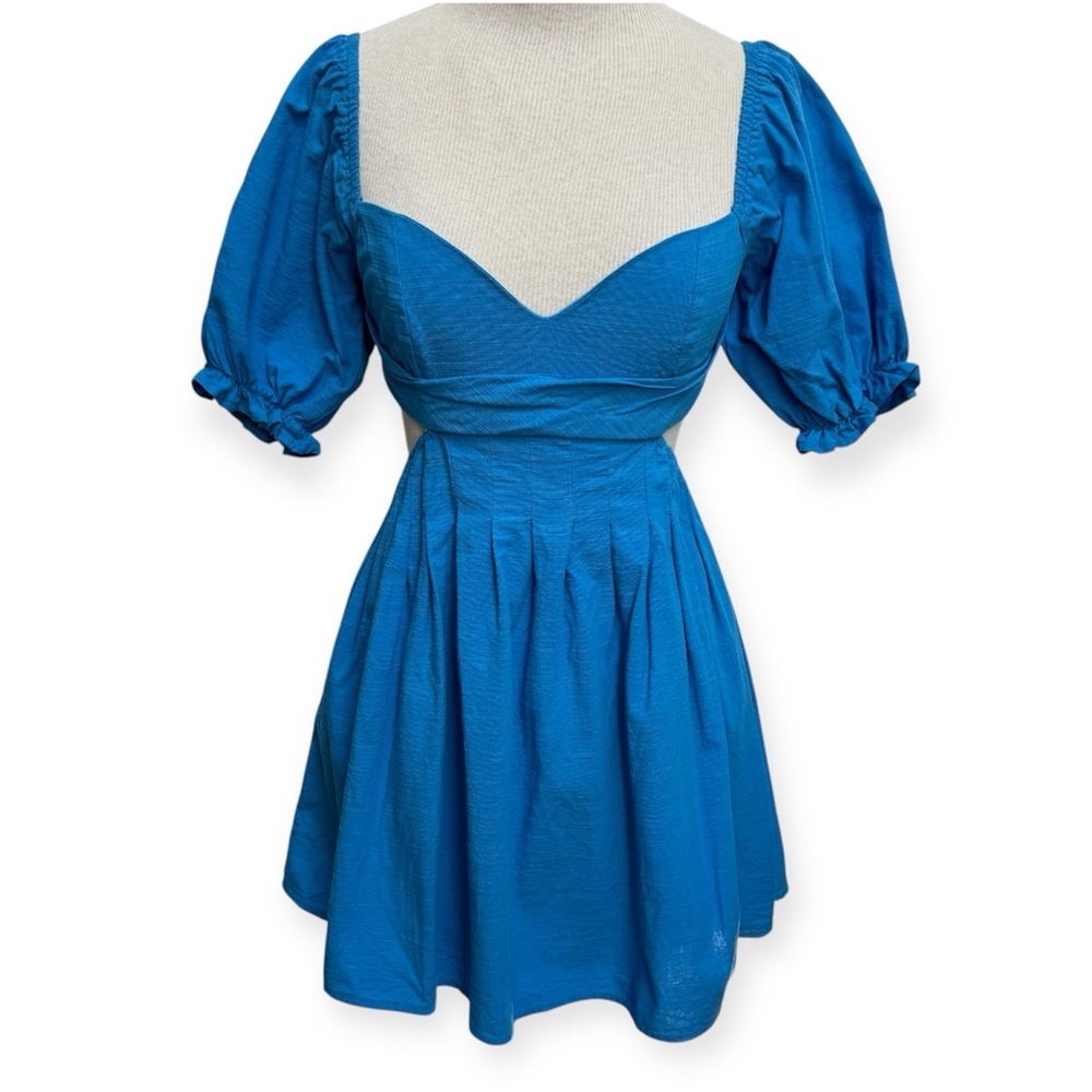 Mabel Cotton Linen Blend Breaking Hearts Open Back Puff Sleeve Mini Dress